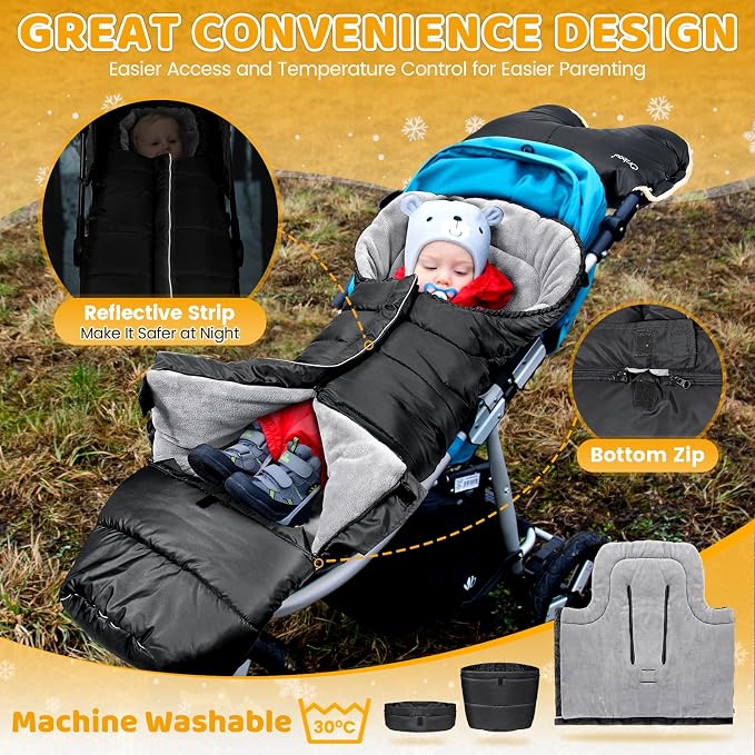 Orzbow Stroller Footmuff Universal - Weather-Proof Bunting Bag for Toddler, Warm Fleece Sleeping Bag for Cold Weather, Easily Attaches to Most Strollers, Baby Boys Girls Winter Essentials, Black