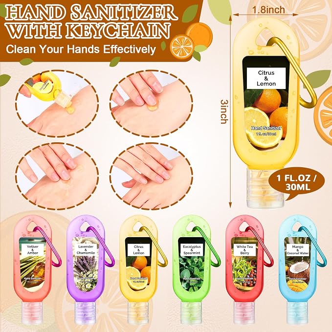 24 Pack Appreciation Hand Sanitizer Gel with Keychain Bulk 1 oz Scented Mini Travel Size Hand Sanitizer Keychain Gift for Teacher Nurse Employee Women Staff Graduation Party Supplies