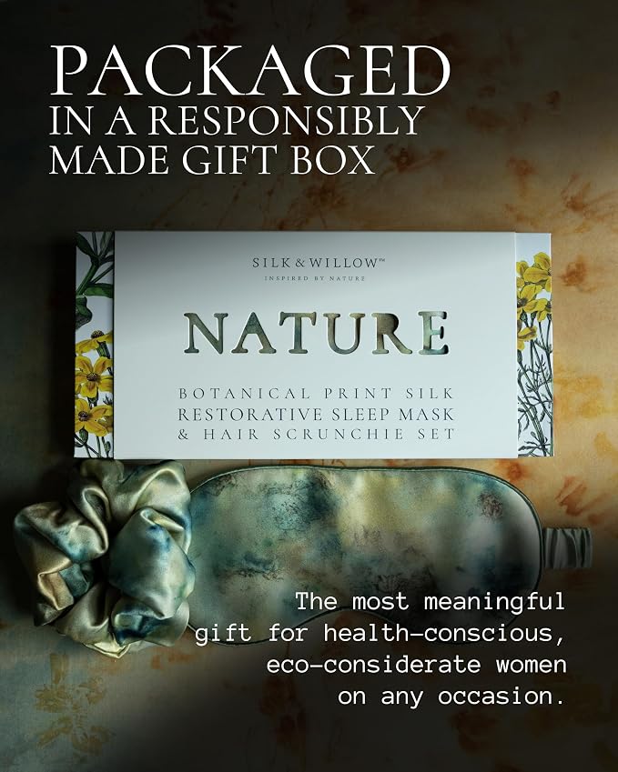 SILK & WILLOW - Botanical Print Pure Mulberry Silk Eye Mask & Scrunchie Gift Set, Luxurious Sleep Eye Mask & Hair Accessory Bundle, Durable Nature-Considerate Wellness Gifts for Women, Seascape