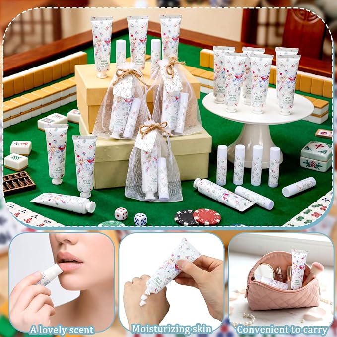 24 Sets Mahjong Themed Hand Cream and Lip Balm Mah Jong Themed Gift Mahjong Party Favors for Guests Travel Size Hand Lotion Lip Balm Game Night Family Play Day Theme Birthday Baby Bridal Shower Favors