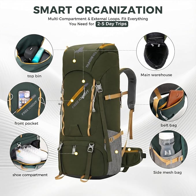 Bseash 65L Waterproof Hiking Camping Backpack with Rain Cover, Outdoor Sport Travel Daypack for Climbing Touring (Army Green)