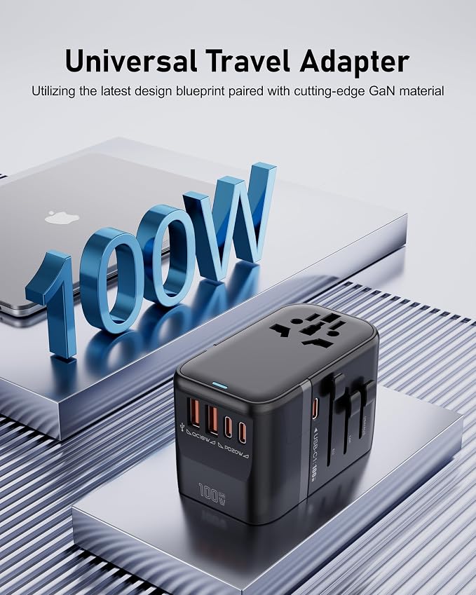 100W GaN Universal Travel Adapter International Power Adapter, with 5 USB(3 USB C) Charging Ports European Travel Plug Worldwide for US to Europe UK, EU, AU (Type C/G/A/I) Outlet Wall Charger