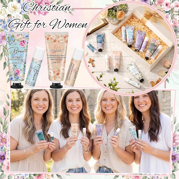 Loopeer 18 Sets Graduation Christian Hand Cream and Lip Balm Gift Set Christian Gift Bulk for Women Mothers Day Gifts for Church Travel Size Hand Lotion Bible Verse Lip Balm Bulk for Bridal Mom