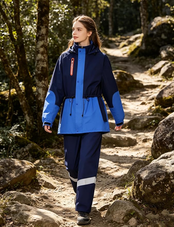 Rain Suit for Women Waterproof Hooded Rain Gear Rain Jacket and Pants 2 Piece Breathable Rain Coat Outdoor