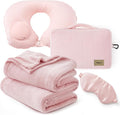 Bedsure Travel Blanket Set with Inflatable Neck Pillow and Eye Mask - Lightweight 3-in-1 Airplane Packable Blanket, Compact Travel Essentials, Pink