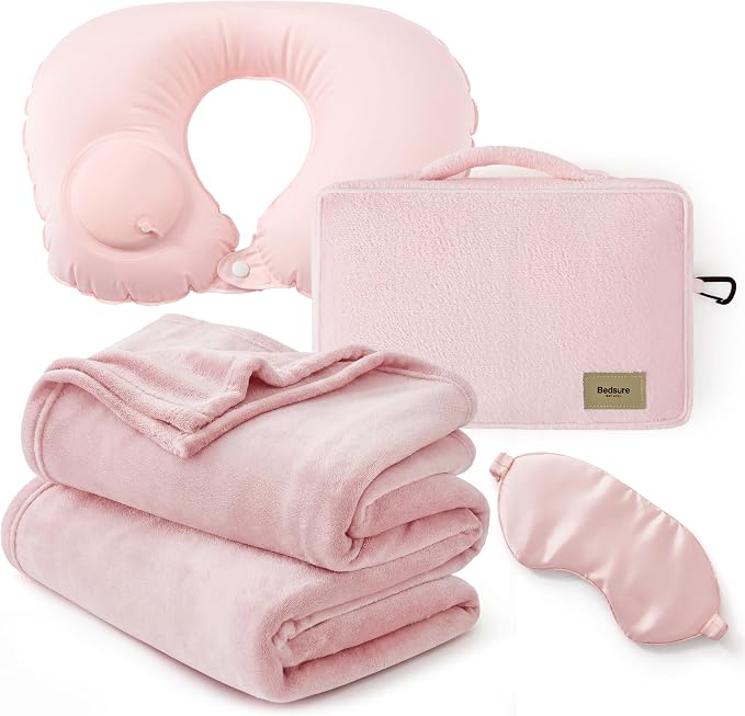 Bedsure Travel Blanket Set with Inflatable Neck Pillow and Eye Mask - Lightweight 3-in-1 Airplane Packable Blanket, Compact Travel Essentials, Pink