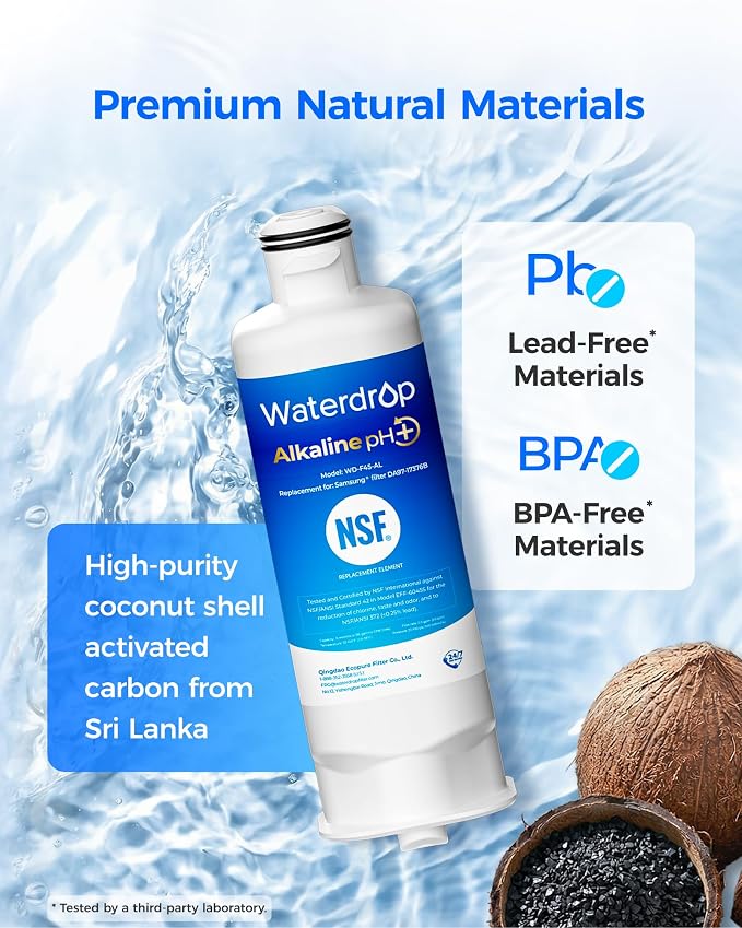 Waterdrop Alkaline WD-F45-AL Refrigerator Water Filter, Enhances pH, Replacement for Samsung® DA97-17376B, HAF-QIN/EXP, DA97-08006C, RF28R7201SR, RF28R7351SG, 3 Pack