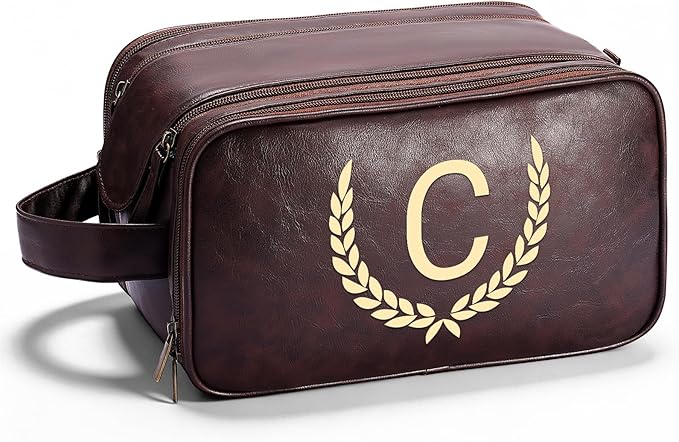 OXYEFEI Personalized Gifts for Men, Personalized Large Toiletry Bag for Men,Custom PU Leather Waterproof Mens Toiletry Travel with Initial Essential Dopp Kit Shaving Bag (C, Tea Brown)