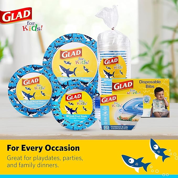 Glad for Kids Shark Disposable Paper Bibs with Crumb Catcher Pocket, Absorbent Leakproof Design, 30 Count, 24 Pack
