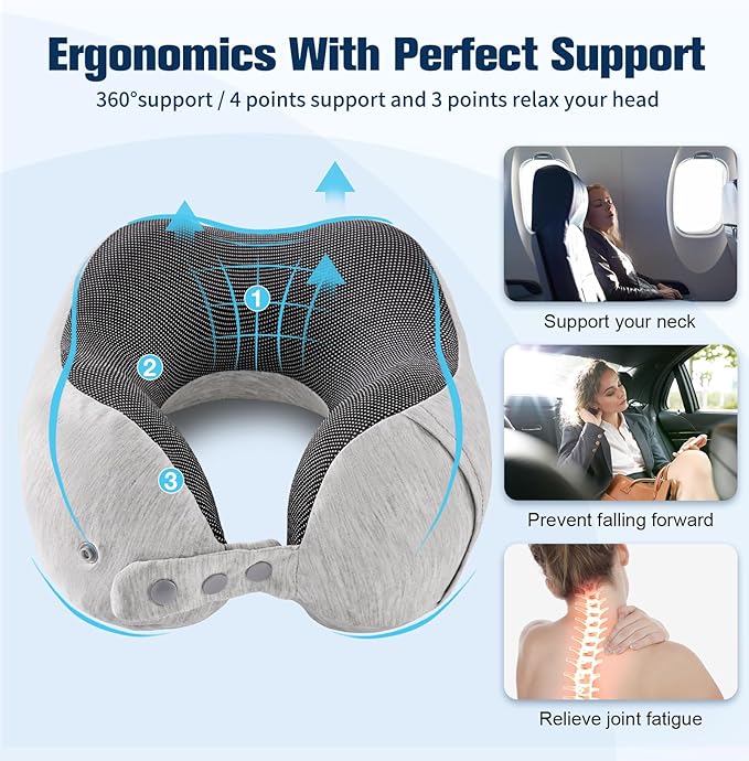 Cirorld Neck Pillow for Traveling, Travel Pillows for Airplanes,100% Pure Memory Foam Travel Neck Pillow, Adjustable Flight Pillow, Portable Plane Accessories with Eye Mask, Earplugs, Carry Bag
