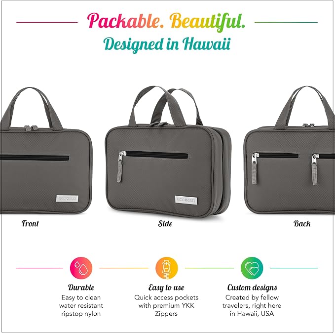 Eco Sun Hanging Travel Toiletry Bag — Designed in Hawaii — Water-resistant Travel Organizer for Bathroom Accessories (Grey)