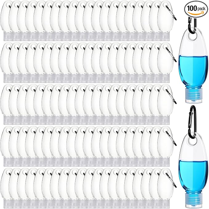 Yalikop 100 Pcs Traveling Bottles with Keychain 1oz Clear Plastic Keychain Bottle Leakproof Refillable Empty Keyring Container Liquid Packing Container Portable Bottle with Clear Lid for Liquid Cream