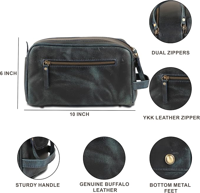 KomalC Travel Toiletry Bag – Premium Leather Dopp Kit for Men & Women with Water-Resistant Lining & Spacious Zippered Organizer