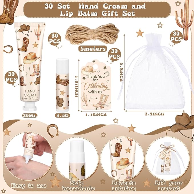 30 Sets Brown Western Baby Shower Party Favors Hand Creams and Lip Balms Gift Bulk My First Rodeo Party Favors for Birthday Supplies