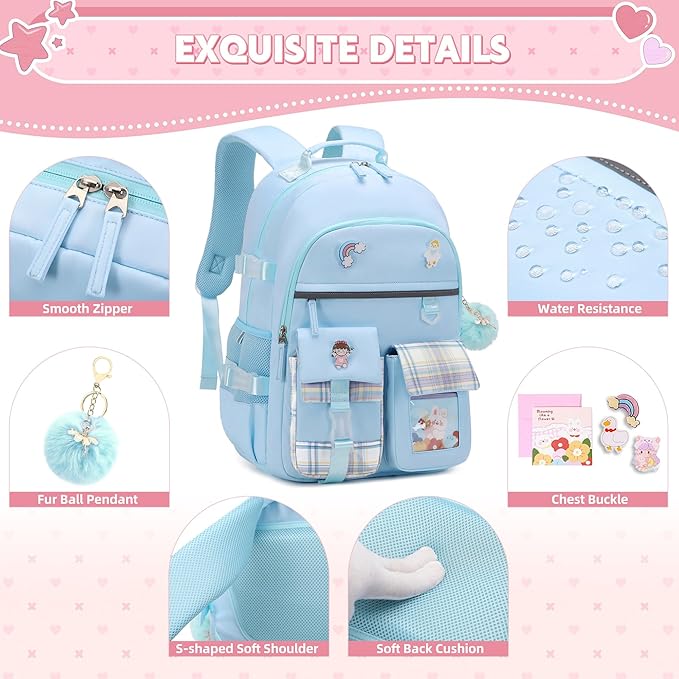 Backpack for Girls 15.6 Inch Laptop School Bag Kids Elementary College 3pcs Backpacks Lunch box Pencil Case Set Bookbags for Girls Teen Women Student Blue