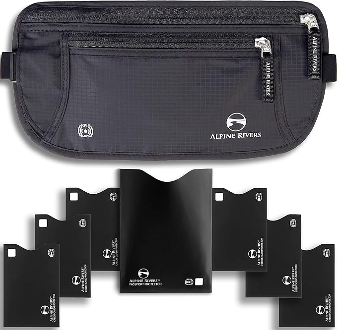 Alpine Rivers RFID Money Belt for Travel - Hidden Waist Pouch Passport Holder with RFID Card Sleeves, Slim and Adjustable Fit for Men and Women