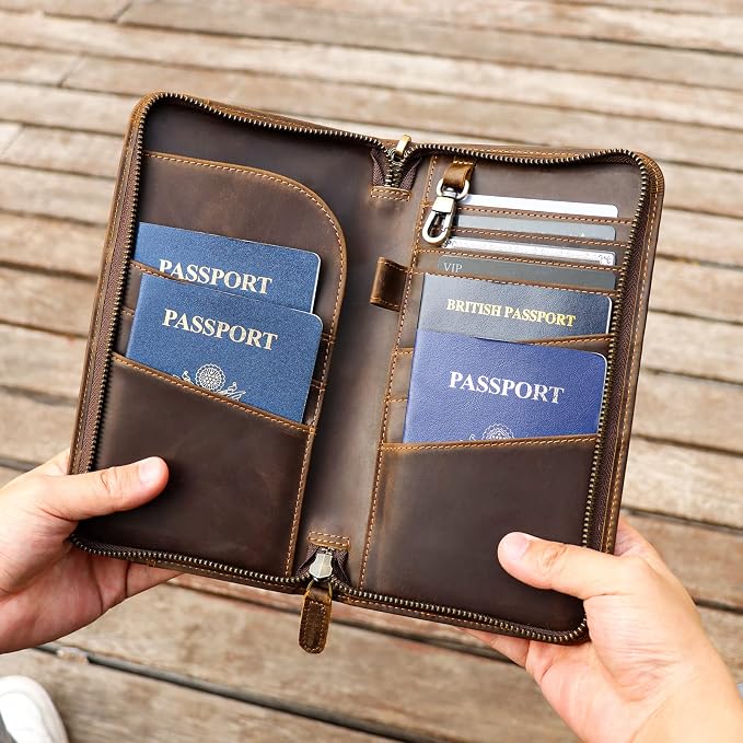 Polare Full Grain Leather Family Travel Passport Wallet and Documents Organizer RFID Blocking Case Holder Fits 6 Passports for Men and Women