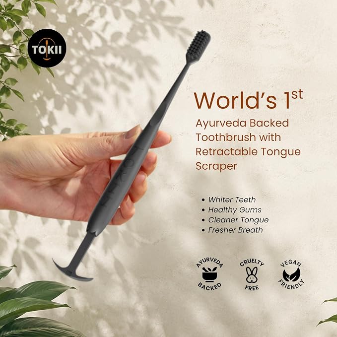 TOKII Tongue Scraper & Tongue Cleaner for Adults, 2-in-1 Toothbrush with Sliding Tongue Scraper, Charcoal Ultra Soft Bristles, Ayurvedic-Inspired, Includes Travel Toothbrush, Stand & Waterproof Pouch