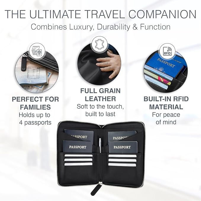 Full Grain Leather Family Passport Holder for 4 Passports - RFID Passport Holder and Travel Document Organizer - Large Leather Travel Wallet for Families - Black
