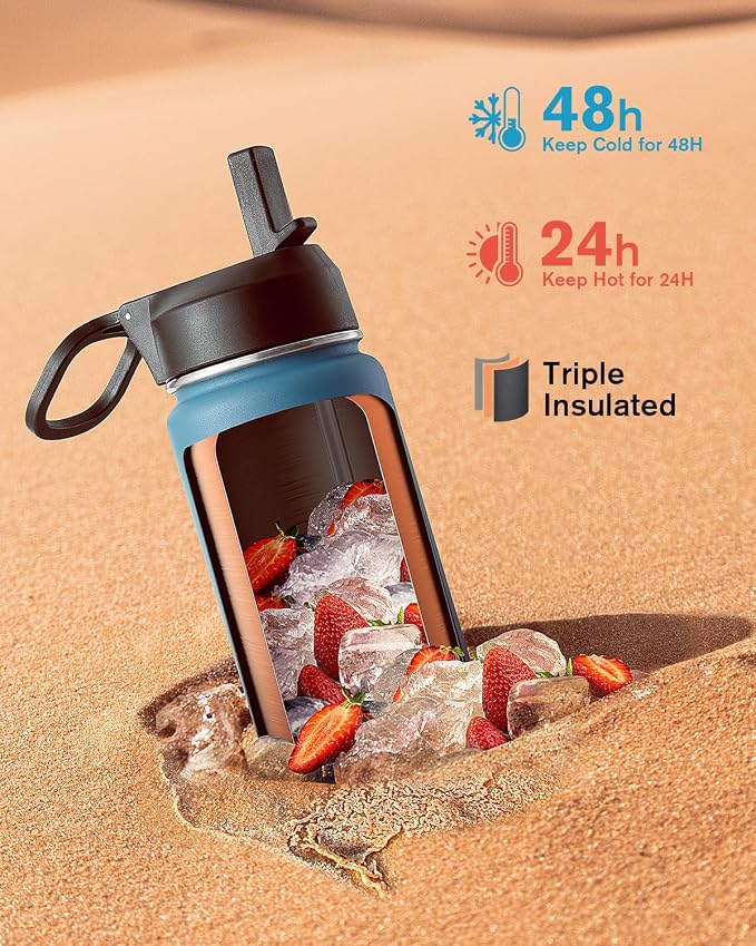 Coolflask Water Bottle 24 oz Insulated with Straw, Stainless Steel Metal 3 Lids Water Flask Wide Mouth for Sports or Office, Non-BPA Keep Cold Up to 48 Hrs or Hot Up to 24 Hrs, Samurai Cyan