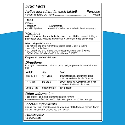 Genexa Kids' Clean Tummy Relief | Heartburn, Acid Indigestion & Sour Stomach Relief | Children's Calcium Carbonate | Dye Free, 0% Artificial Additives | Ages 2-11, Berry Flavor Chewable Tablets, 30ct