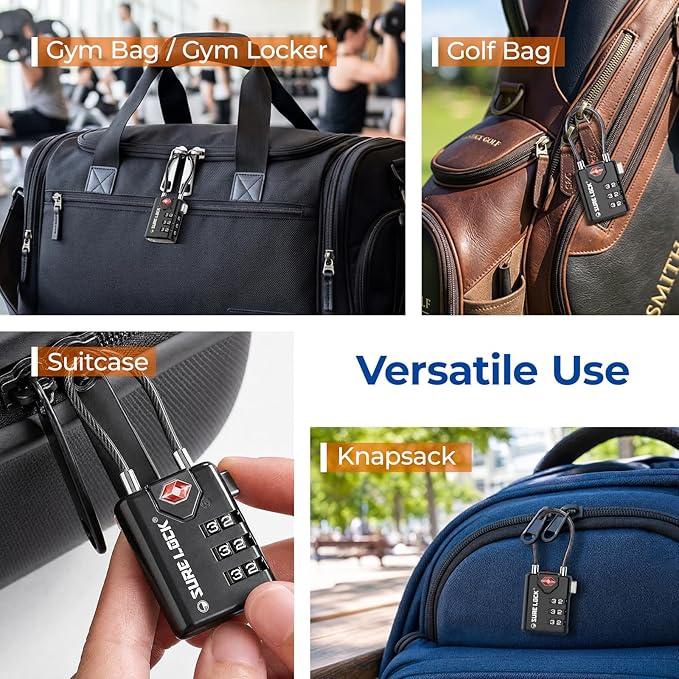 SURE LOCK TSA Approved Luggage Locks with Open Alert Indicator, 3 Digit Combination Cable Travel Lock for Suitcase, Backpack, Gym Locker, Toolbox & Travel Bag（ Four Colour）