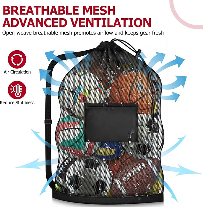 Extra Large Mesh Ball Bag with Pocket, Holds 13 Soccer Balls, 10 Basketballs, Heavy Duty Drawstring Net Bag, Team Coaches Sports Equipment Storage Duffle Sack for Volleyball, Swimming Gear