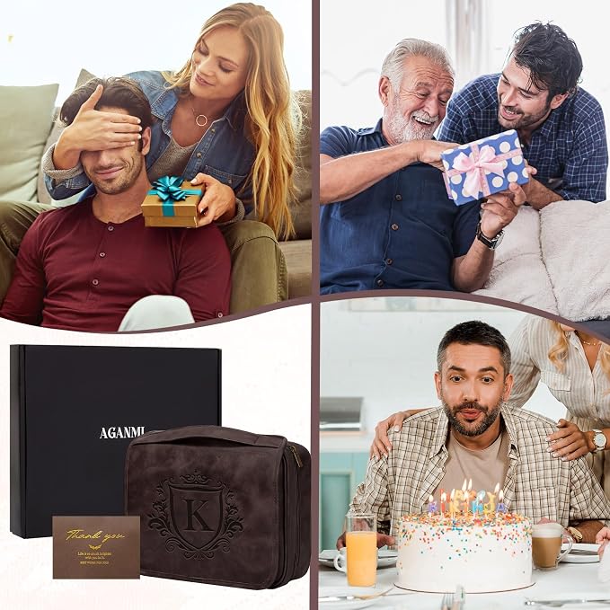 Personalized Gifts 3-in-1 Hanging Travel Toiletry Bag for Men, Laser-Engraved Initial Waterproof PU Leather Shaving Bag Valentines Easter Birthday Gifts for Men Dad Husband Son Dark Brown P