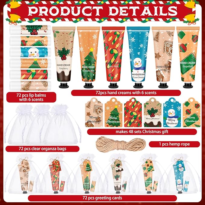 Loopeer 72 Sets/288 Pcs Christmas Hand Cream and Lip Balm Gift Set for Women Bulk Mini Hand Lotion Travel Size for Dry Skin Stocking Stuffers with Greeting Card Organza Bags for Coworker Employee