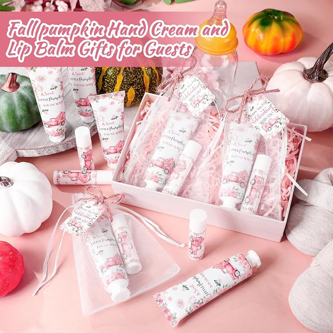 24 Sets Sweet Little Pumpkin Baby Shower Hand Cream and Lip Balm Gift a Sweet Little Pumpkin Is on the Way Baby Shower Party Favors Pink Floral Truck Travel Size Hand Lotion and Lip Balm for Guests