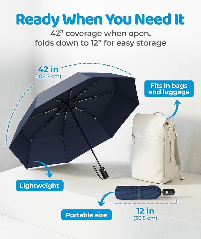 Rain-Mate Windproof Compact Umbrellas for Rain - Strong Reinforced Fiberglass Rib Design & Auto Open & Close - Portable Folding Travel Umbrella - Lightweight & Packable for Women & Men, Easy Collapse