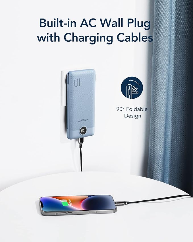 VEGER Portable Charger Power Bank with Built-in AC Plug and Cables, All in One 10000mAh Ultra Slim Travel Essentials, Fast Charging Battery Pack Compatible with iPhone, Samsung, Android (Blue)