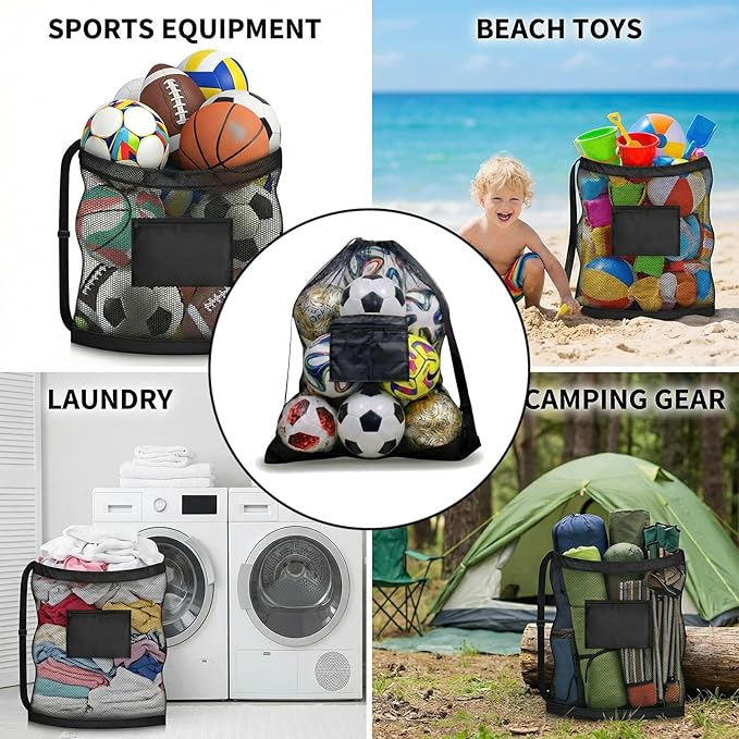 Extra Large Mesh Ball Bag with Pocket, Holds 13 Soccer Balls, 10 Basketballs, Heavy Duty Drawstring Net Bag, Team Coaches Sports Equipment Storage Duffle Sack for Volleyball, Swimming Gear