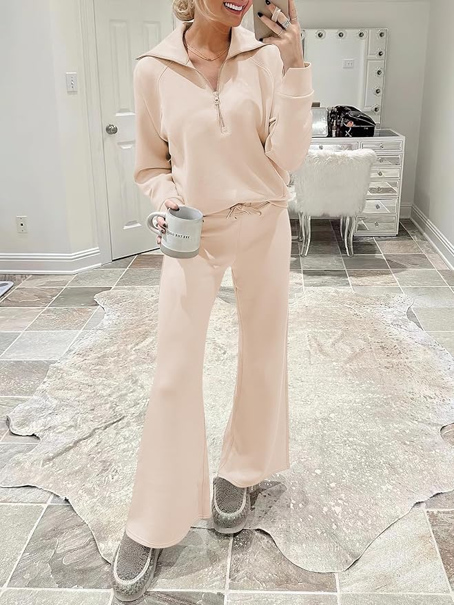 ANRABESS Women’s 2 Piece Outfits Half Zip Sweatshirt & Wide Leg Pants Airport Travel Lounge Matching Sets Sweatsuits Clothing