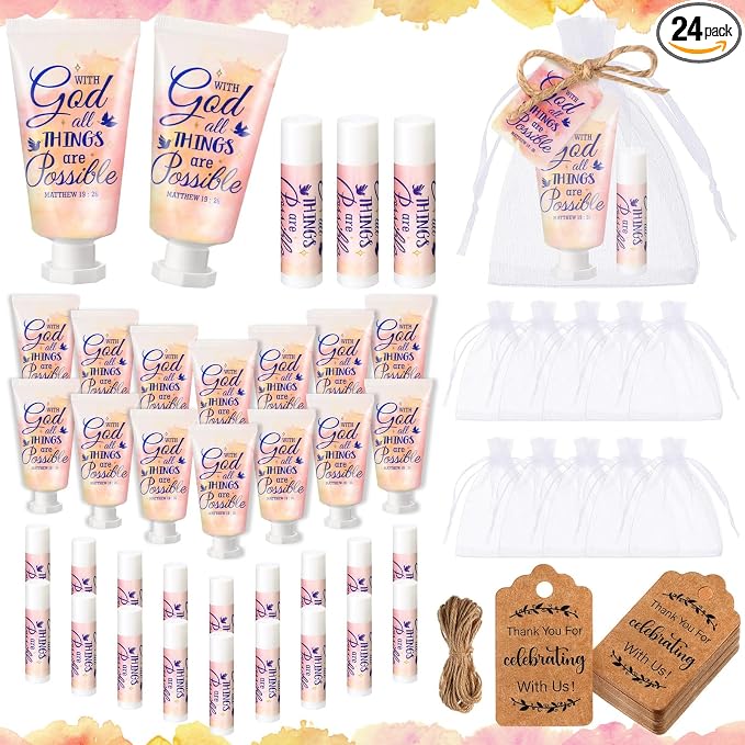 24 Sets Christian Graduation Gifts Hand Cream and Lip Balm Bulk Teacher Appreciation Gifts Bible Verse Thank You Cards with Organza Bag for Graduation Supplies(Lovely)