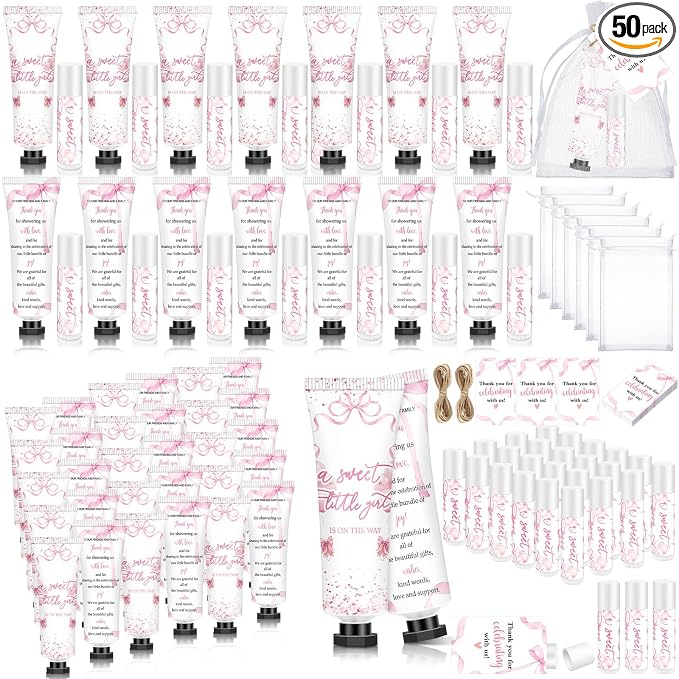 50 Sets 200 Pcs Coquette Pink Bow Baby Shower Gifts Bulk Hand Lotion and Lip Balm Party Favors Theme Baby Shower Travel Size Hand Lotion and Lip Balm with Organza Bags Tags