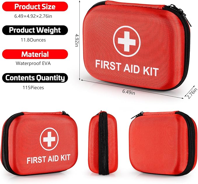 Mini First Aid Kit, 115 Piece Hard-Shell Portable EVA Emergency Medical Kit, Suitable for Home, Travel, Outdoor, Camping, Office, Car, Hiking, and School