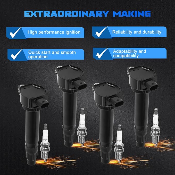 4PCS UF557 Ignition Coils + 4PCS ZFR5FGP Iridium Spark Plugs Ignition Coils Pack Fits for 2011-2014 200, 2009-2019 Journey, 2007-2017 Patriot, Coil Pack Set Replace OE 4606824AB 4606824AC