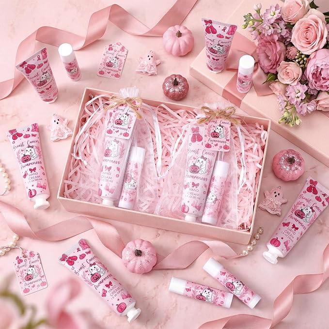 48 Sets Halloween Breast Cancer Hand Cream and Lip Balm Ghost Breast Cancer Awareness Gift for Women Travel Size Hand Lotion Pink Ribbon Survivor Charity Event Campaign Supplies