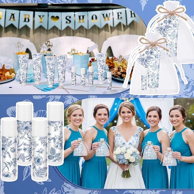 Loopeer 60 Sets Blue Floral Bridal Shower Hand Cream and Lip Balm Gift Bulk Blue Flower Wedding Favors Travel Size Hand Lotion and Lip Balm Wedding Bridal Baby Shower Party Supplies for Guests