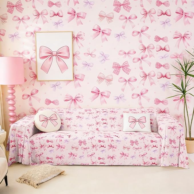 Pink Bow Couch Covers for 3 Cushion Couch Sofa Pet Friendly,Dreamy Princess Style Bowknot Seater Sofa Cover Slipcovers,Cute Bowknot Bow Tie Cat Furniture Protector,91"x118" Light Pink Room Decor