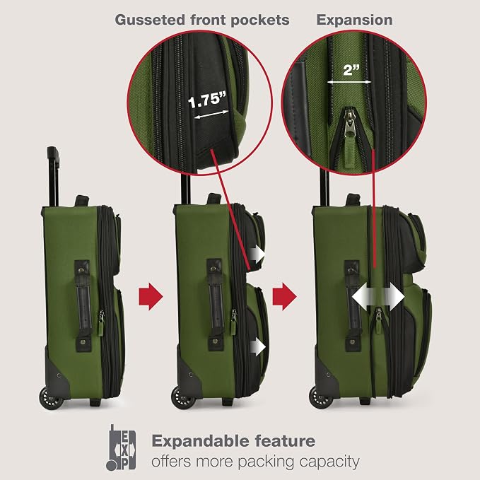 U.S. Traveler Rio Lightweight Softside Rolling Carry-on Suitcase, 2-Wheel Set, Green