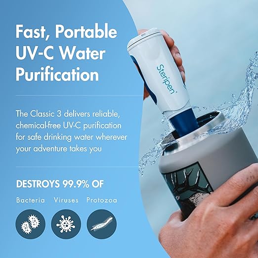 SteriPen Classic 3 UV Water Purifier for Camping, Hiking, Travel & Emergency Preparedness - AA Battery Powered, Purifies 1L in 90 Seconds, 8,000-Treatment Lamp