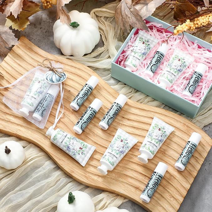 144 Pcs Lip Balm Hand Cream Set Party Favors, Include 36 Lip Balm 36 Moisturizing Hand Cream 36 Bags 36 Cards and Ropes for Accessories Gifts(Black and Blue,Pumpkin)