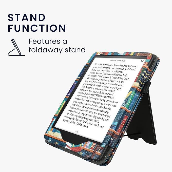 kwmobile Case Compatible with Amazon Kindle Paperwhite (2024)/Colorsoft - Case PU Leather Cover with Magnet Closure, Stand, Strap, Card Slot - Library Motto Multicolor