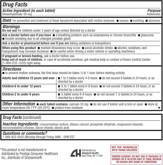 HealthA2Z® Motion Sickness Relief | Dimenhydrinate 50mg | Antiemetic | Prevents Nausea, Vomiting & Diziness | for Children & Adults (36 Counts (Pack of 3))