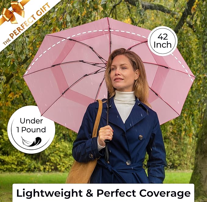 TUMELLA Strongest Windproof Travel Umbrella (Compact, 100MPH Wind-Tested), Light, Portable, One-Handed Use, Automatic Folding Rain Umbrella, Durable, Premium Grip, Fits Car & Backpack