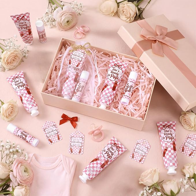 Lounsweer 24 Sets She's Ready to Pop Baby Shower Hand Cream and Lip Balm Gift Red White Checkered Baby Shower Party Favors for Guest Travel Size Hand Lotion Gender Reveal Newborn Party Supplies