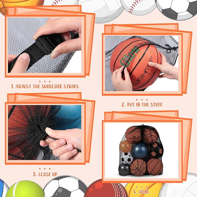 Woanger 6 Pcs Extra Large Mesh Bag Bulk, 35 x 27 Inch Sports Ball Bag with Adjustable Shoulder Strap Drawstring, Sports Equipment Storage Organizer for Gym, Beach, Cloth, Swimming Gears