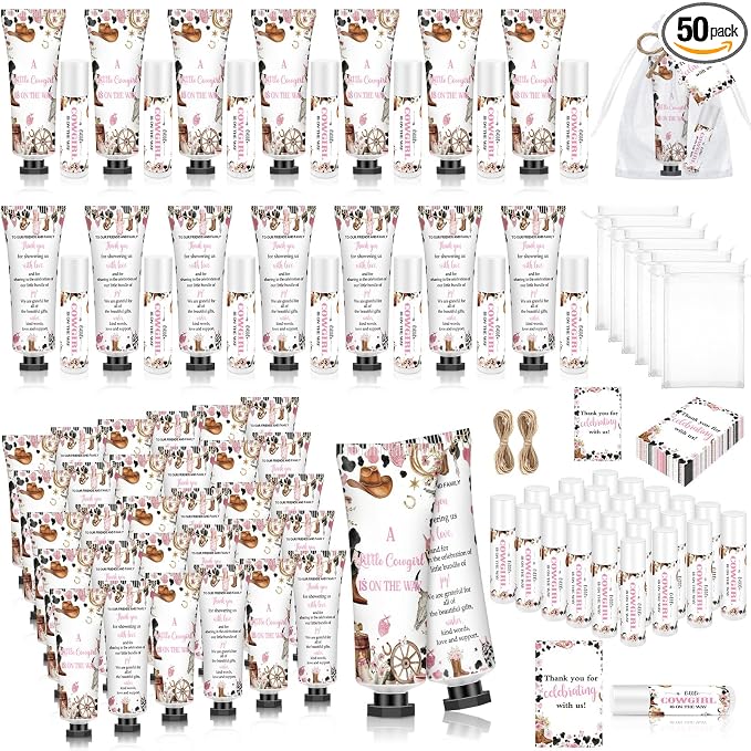 50 Sets A Little Cowgirl Is On The Way 200 Pcs Baby Shower Hand Lotion and Lip Balm Gift Theme Baby Shower Party Favors Travel Size Hand Lotion and Lip Balm Bulk with Organza Bags Tags